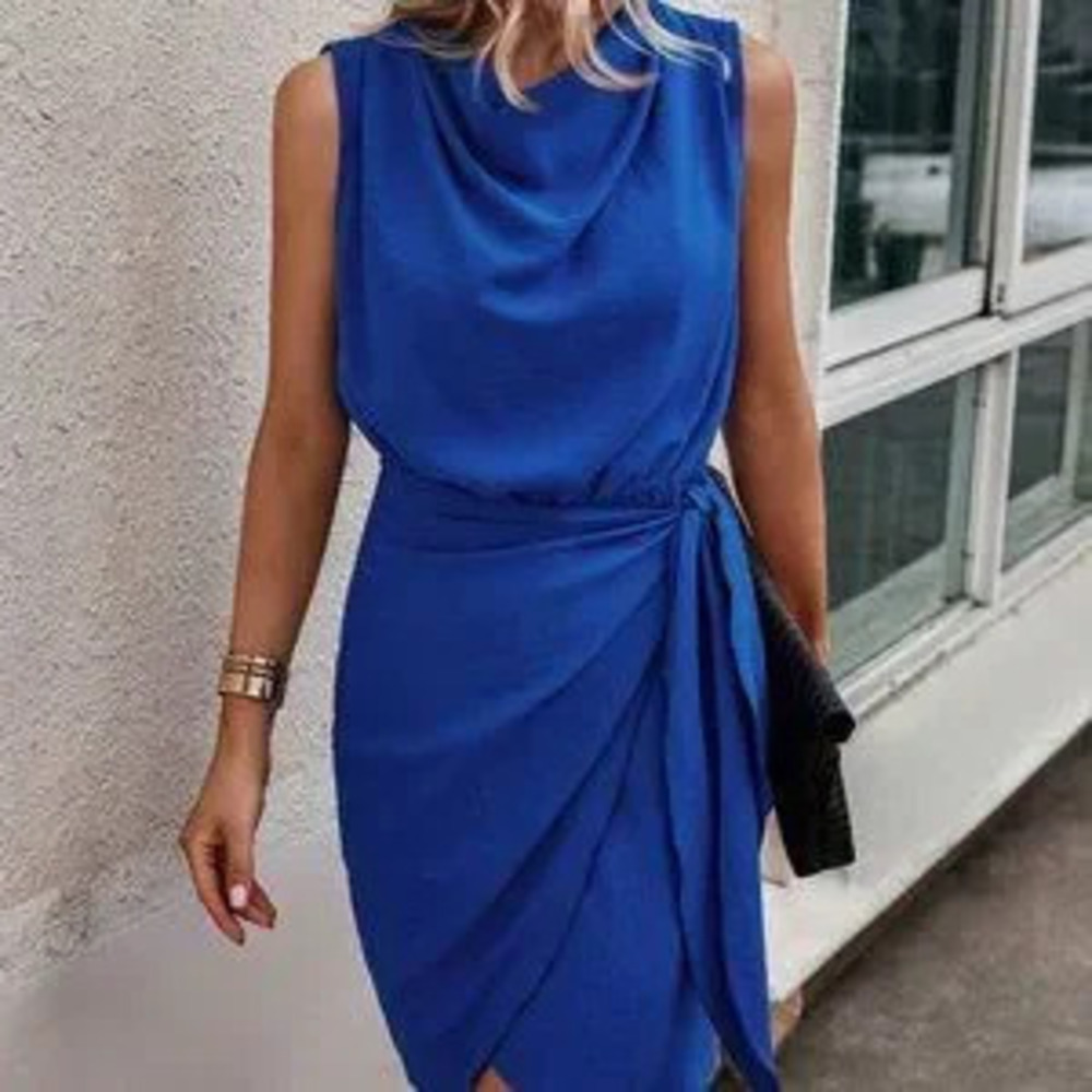 Blue Preppy Womens Solid Knot Side Wrap Hem Dress
